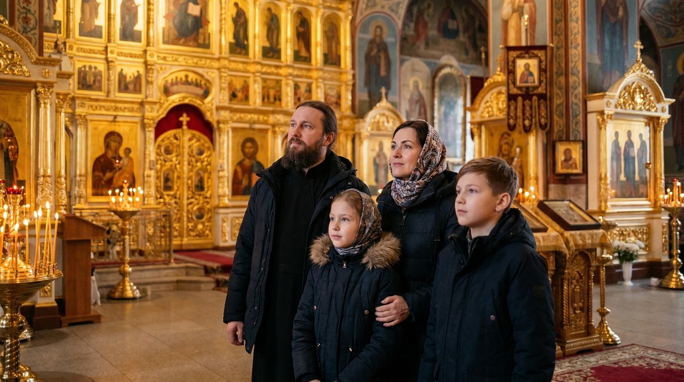 Семья молится перед иконой Успения Богородицы в домашнем иконостасе