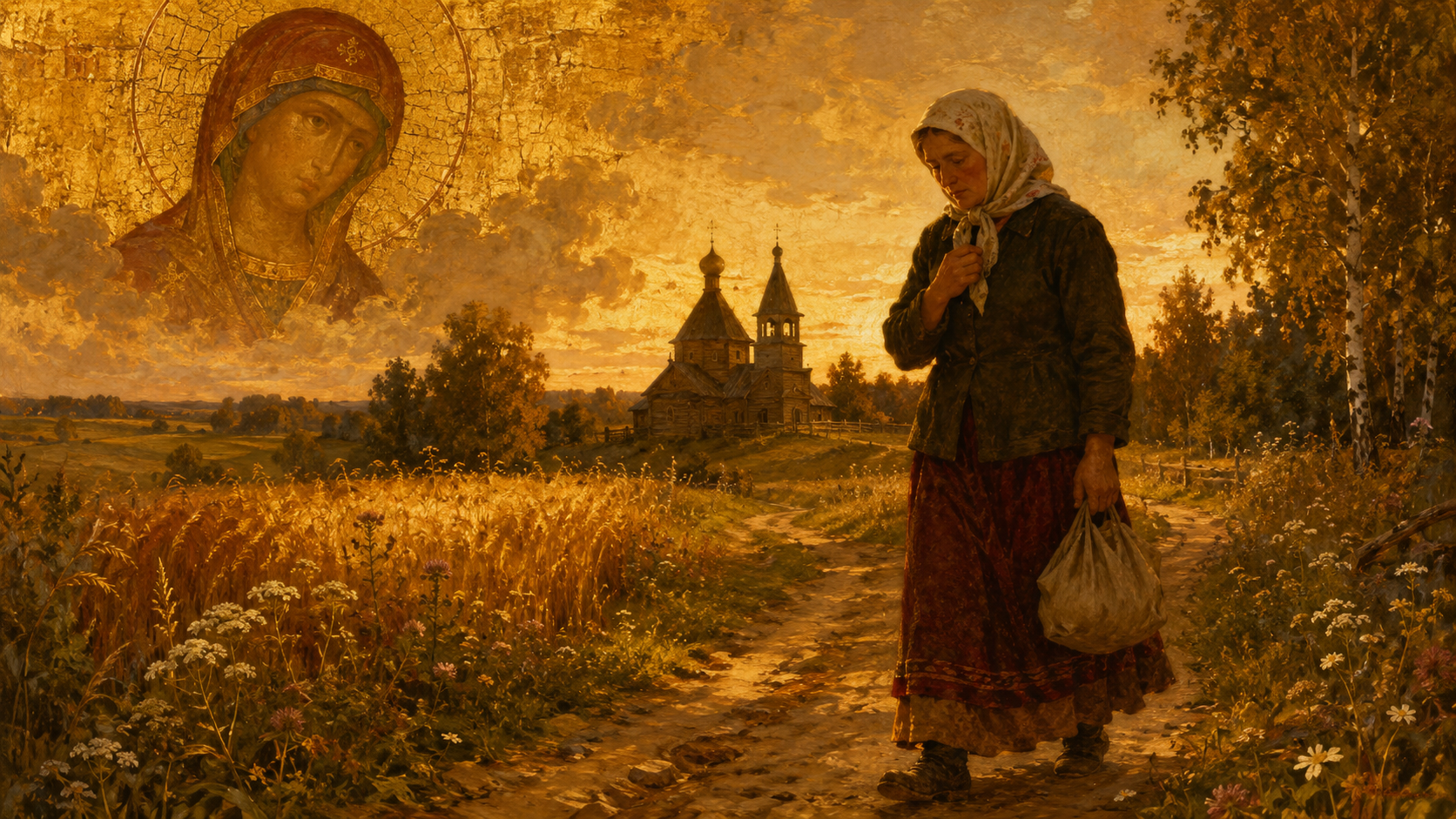 Женщина идёт по деревенской дороге, вдали храм; вечерний свет