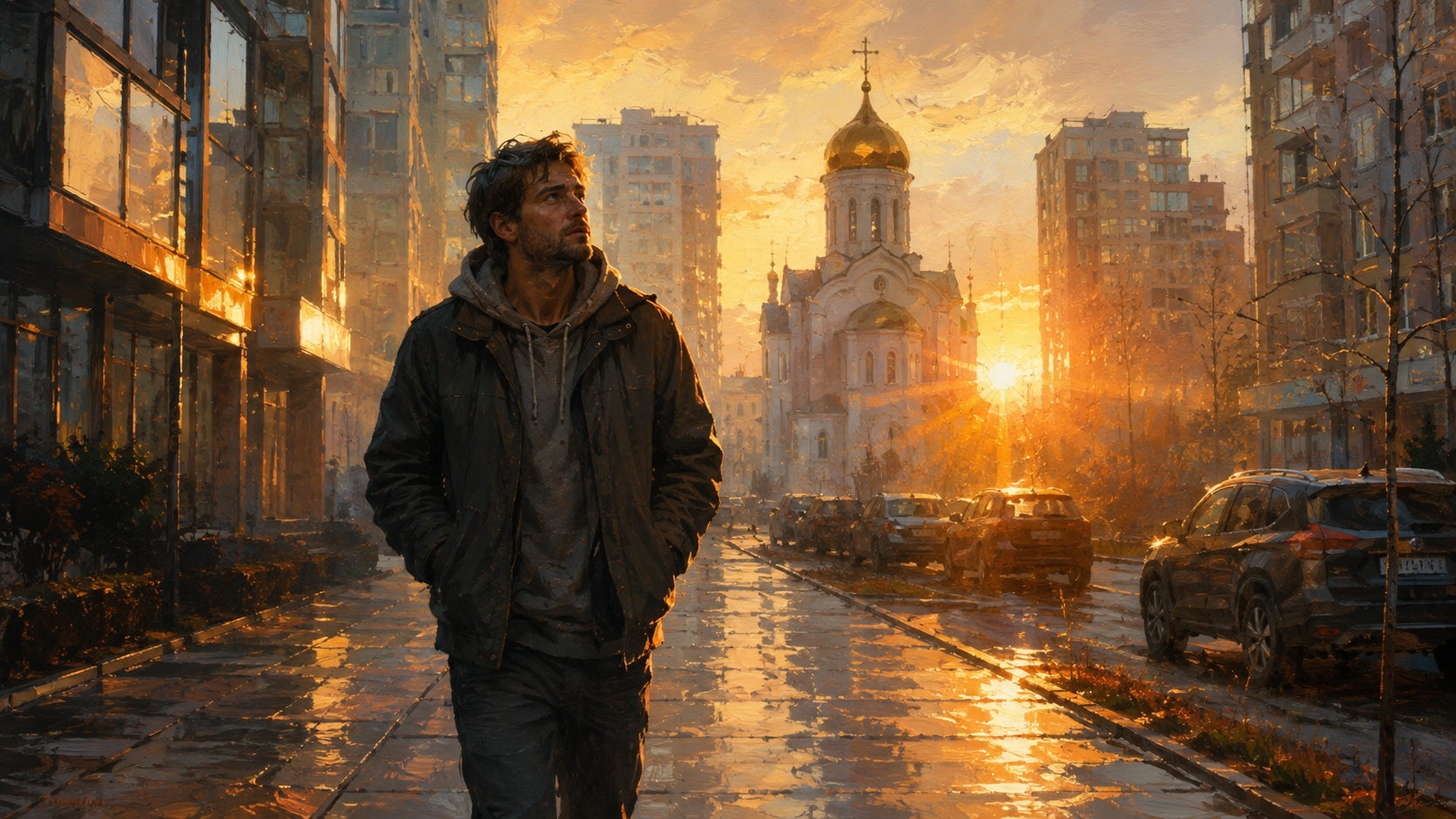 Раннее утро, человек в куртке идёт по современной улице к храму среди многоэтажек