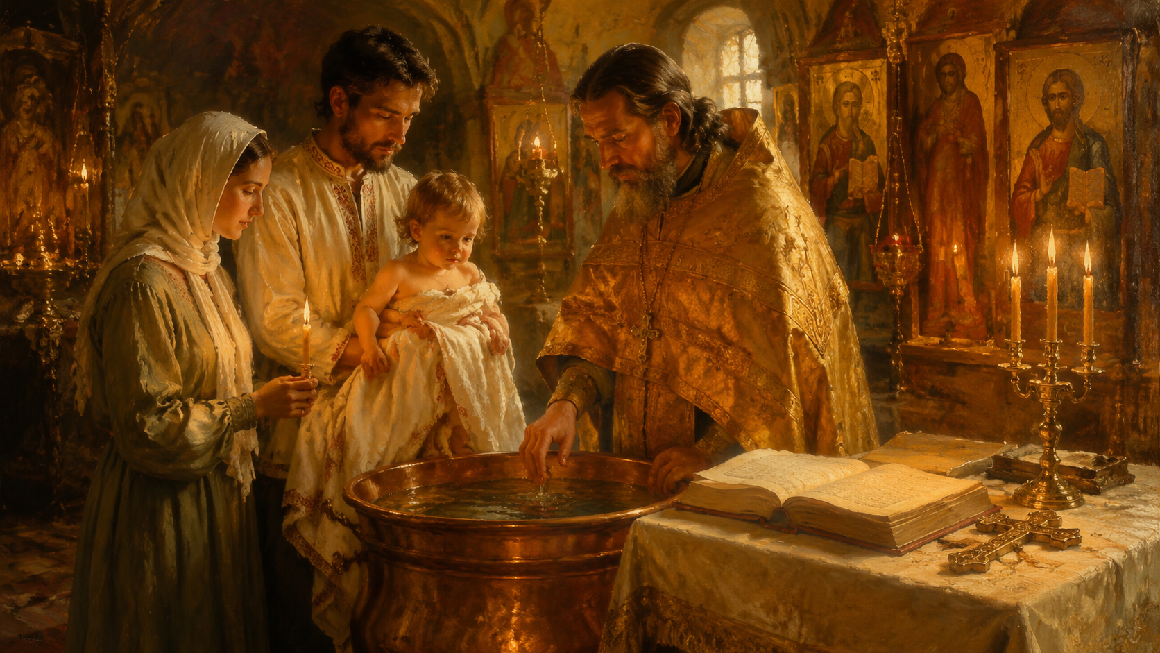 Крещение в сельском храме: священник у медной купели, крёстные держат ребёнка в белой пелене