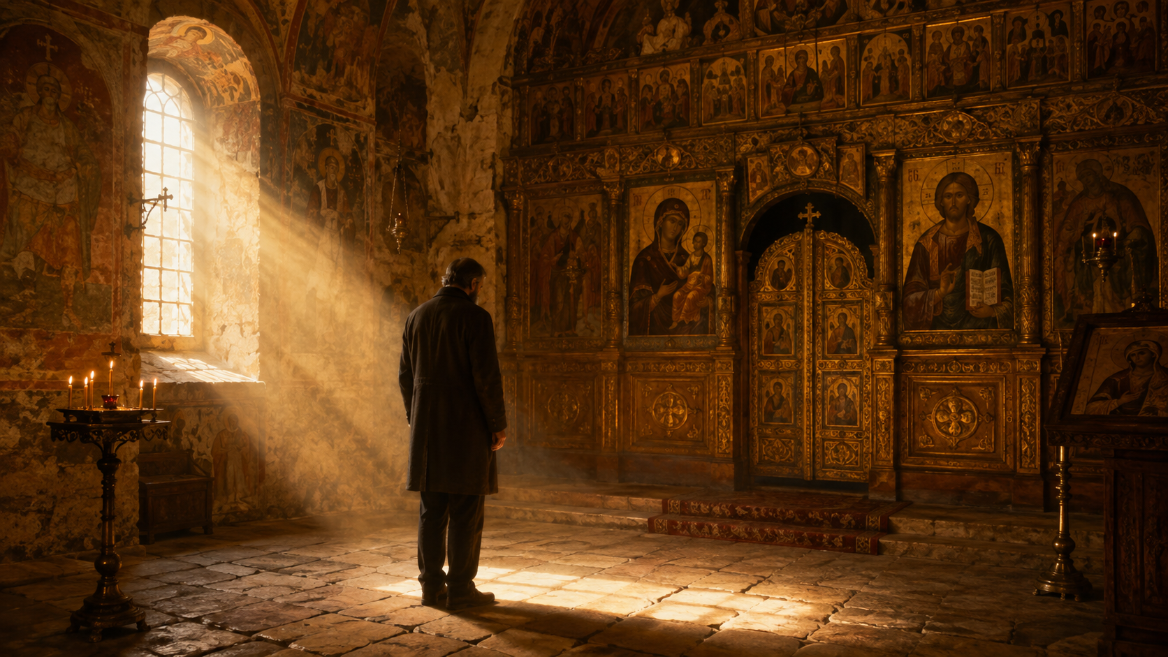 Человек стоит один перед иконостасом в утреннем храме