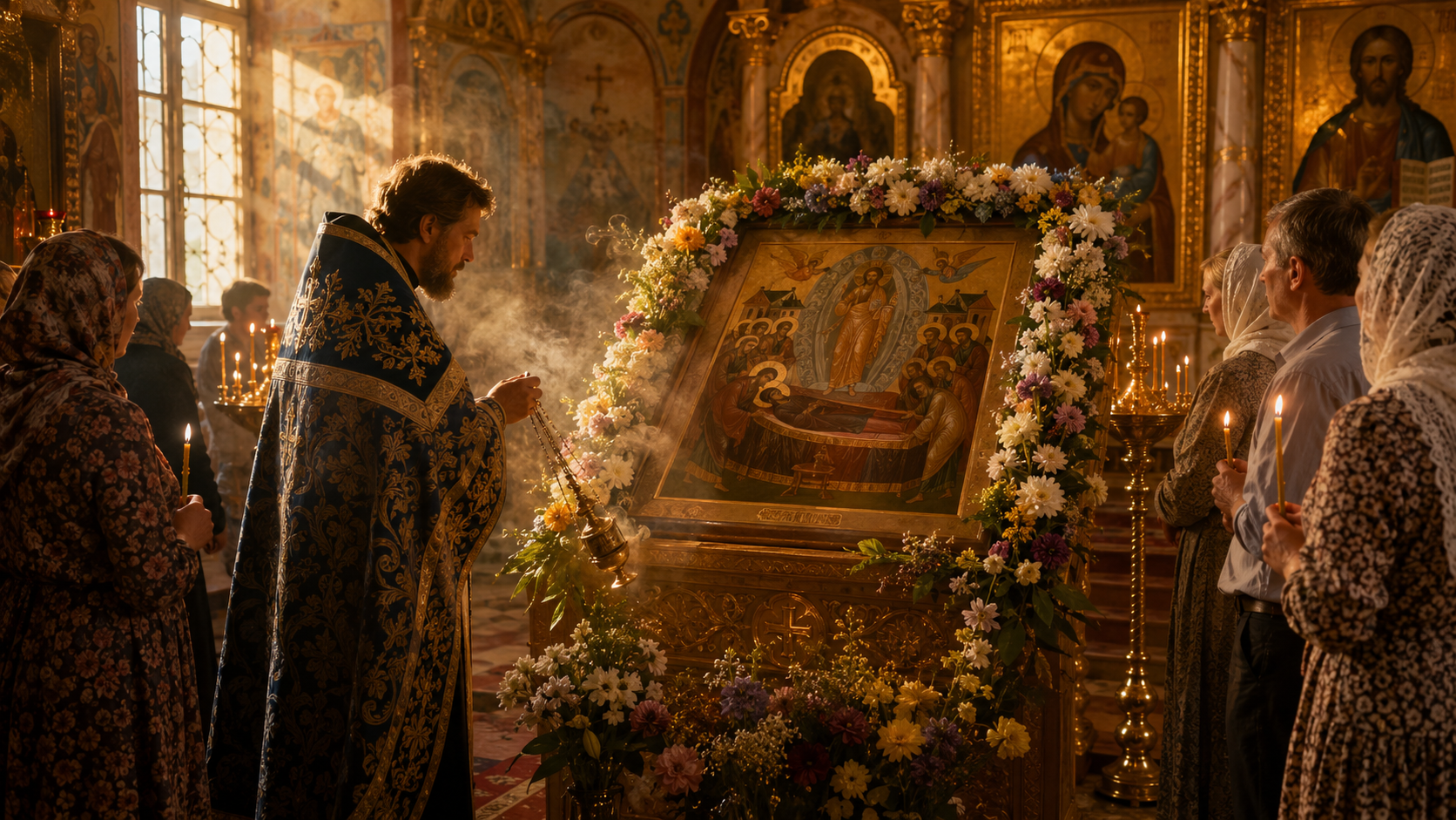 Икона Успения в цветах на аналое, священник совершает каждение, прихожане со свечами
