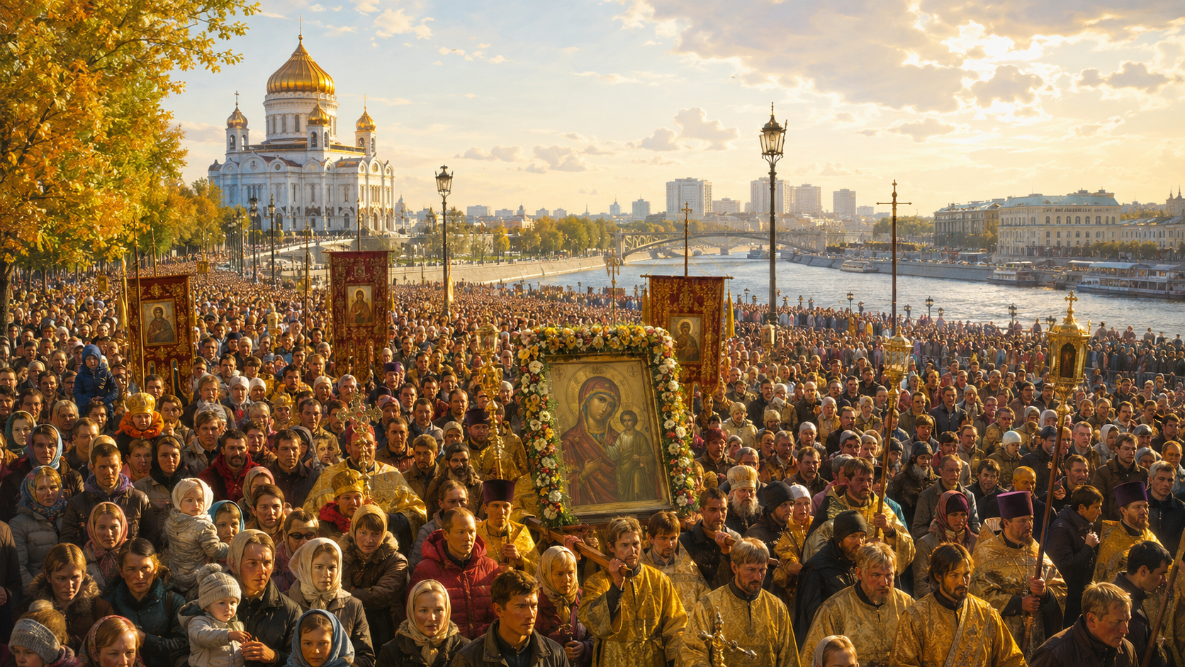Многотысячная толпа верующих с хоругвями у Храма Христа Спасителя утром