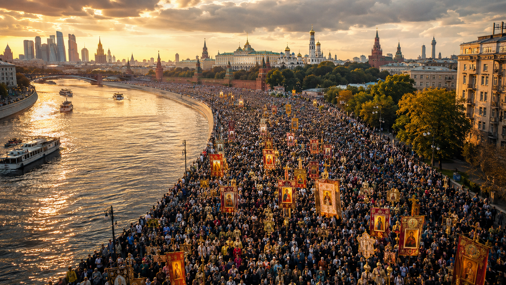 Река людей с хоругвями растянулась на километры по московской набережной
