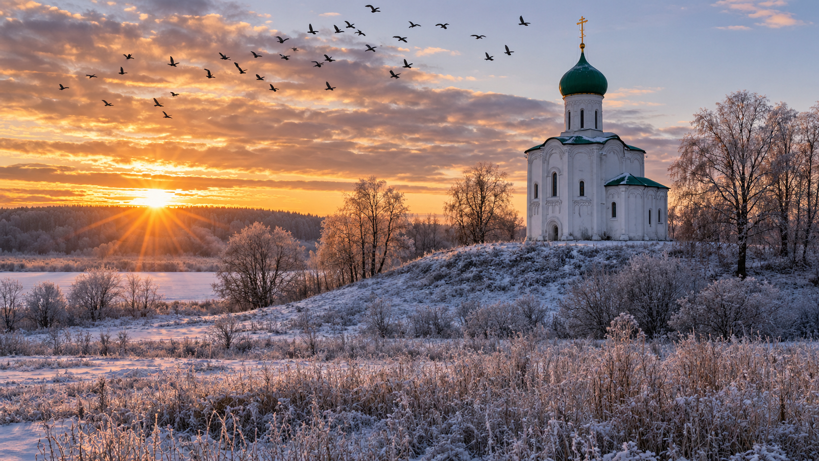 Белый сельский храм на холме на рассвете