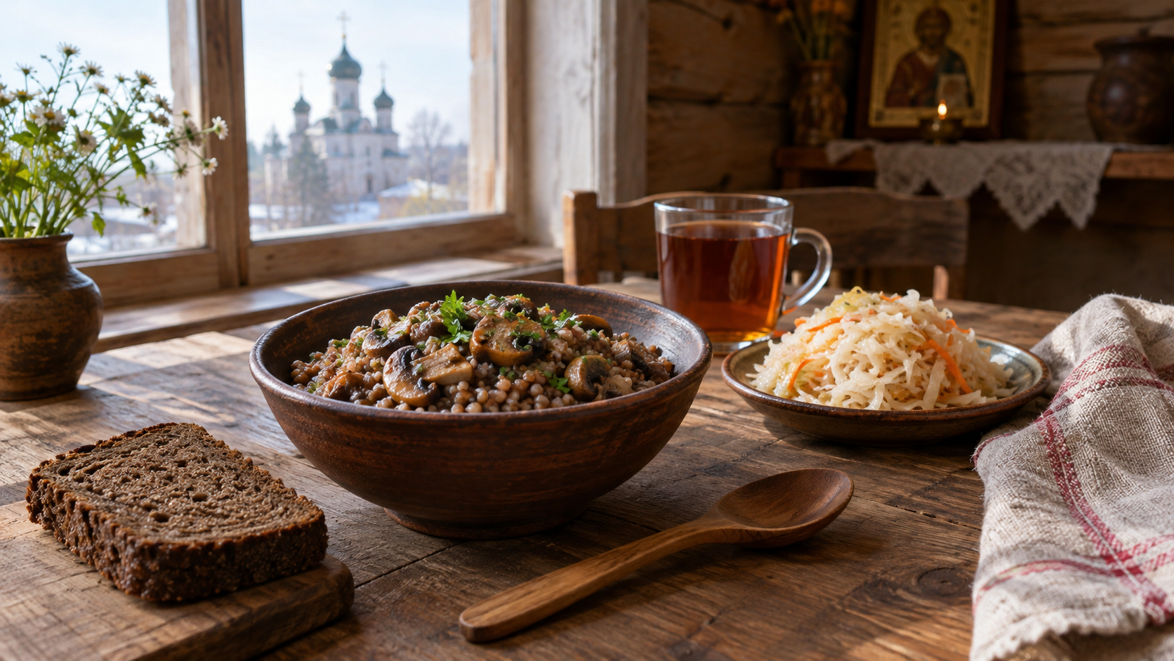 Постной стол в деревенской кухне