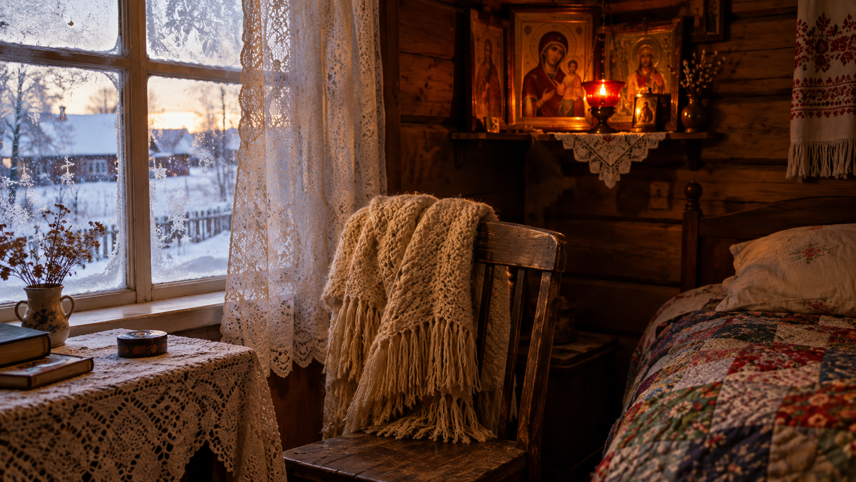 Тёплый платок на стуле у кровати, в углу горит лампада